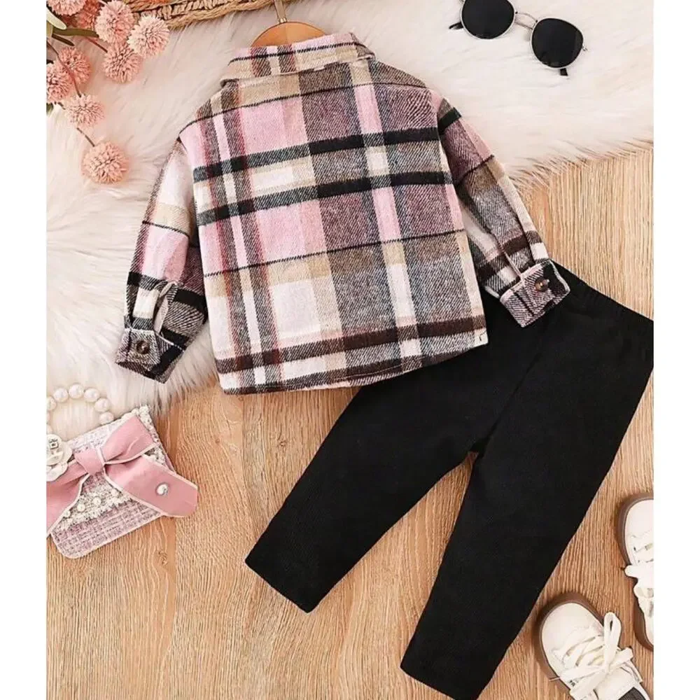 Girl Front Button Pocket Plaid Flannel Shirt & Legging Black Pink Girls 2y-3Y